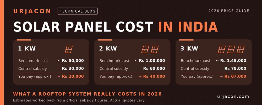 Rooftop solar panels with a calculator and rupee symbols illustrating solar panel cost in India