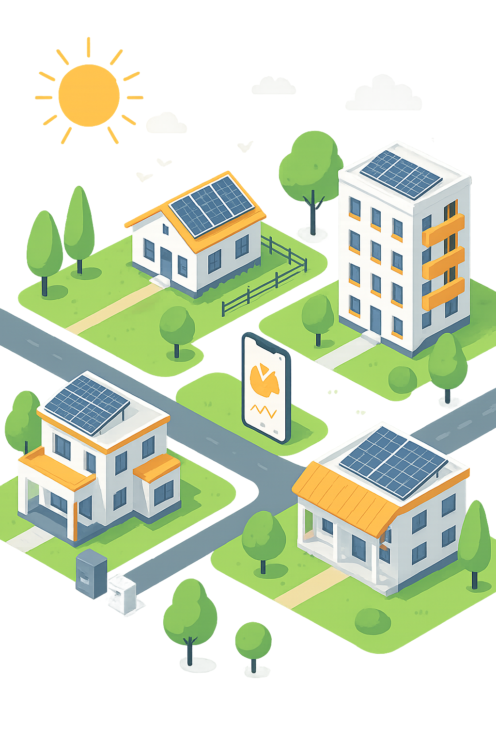 Happy family in front of their solar-powered home